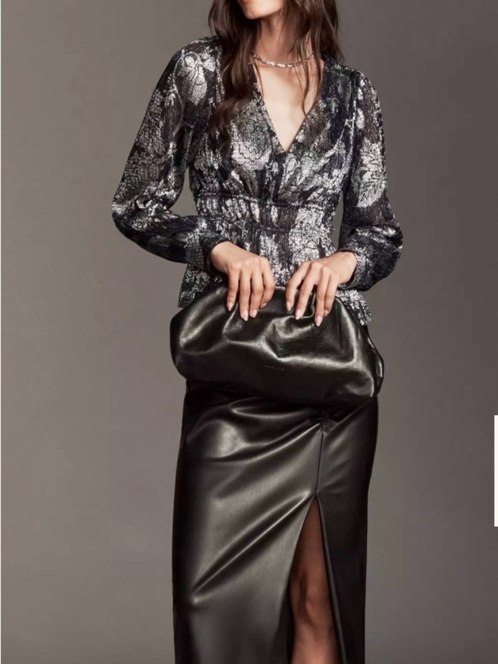 NWT! Anthropologie‎ Metallic Blue & Silver V-Neck Peplum Blouse Long Sleeve ~ M - Picture 2 of 9